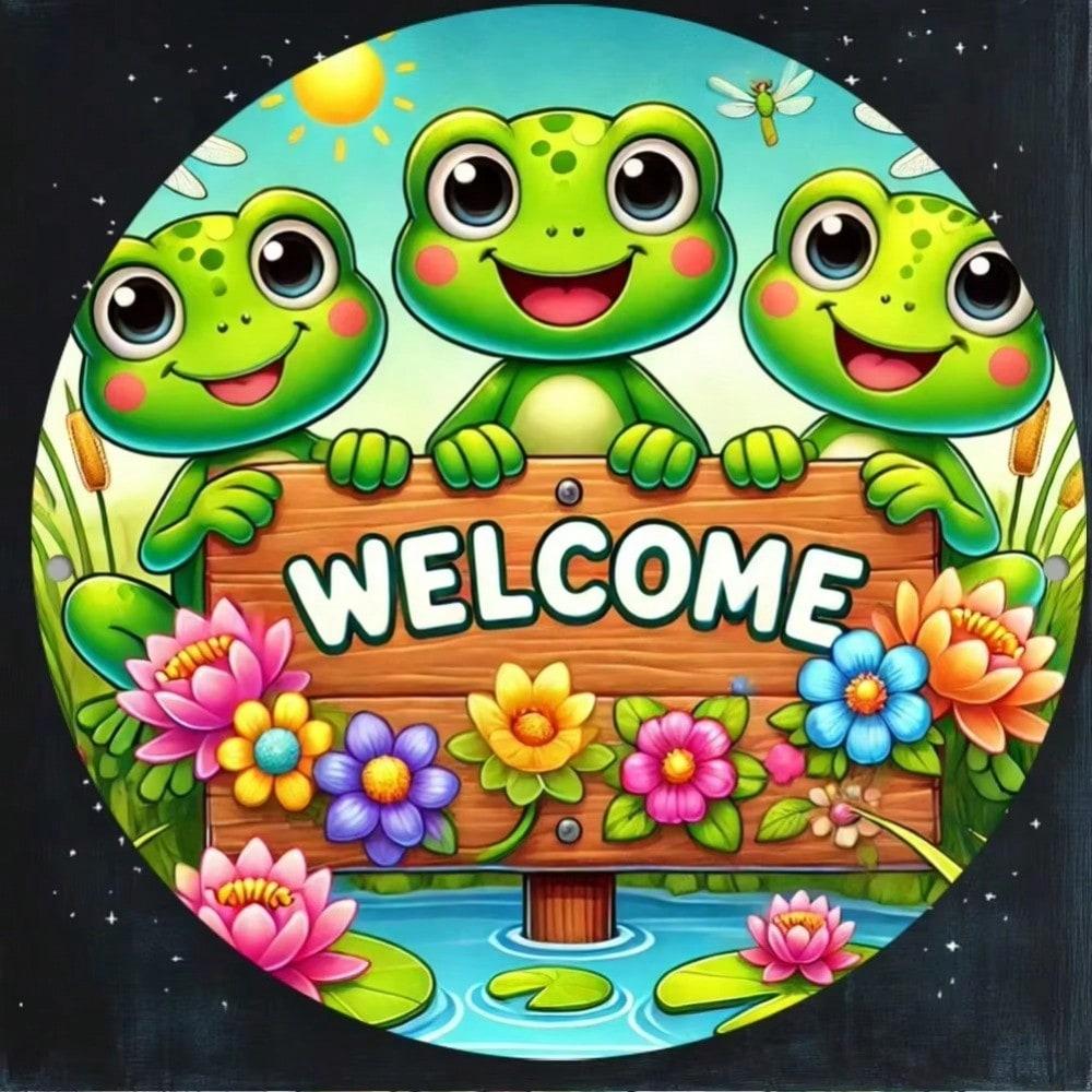 Metal Frog Welcome Sign 16 Inch Rustic Garden Wall Art Handmade Vintage Outdoor Decor