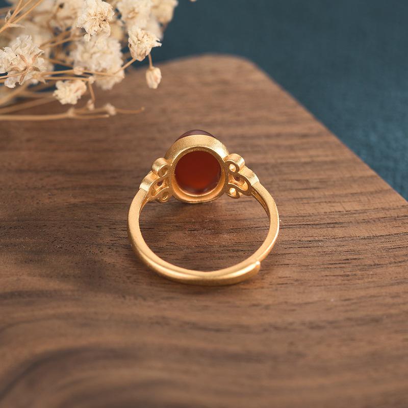 Antique Gold Inlaid Red Agate Open Ring – Versatile Ladies Design