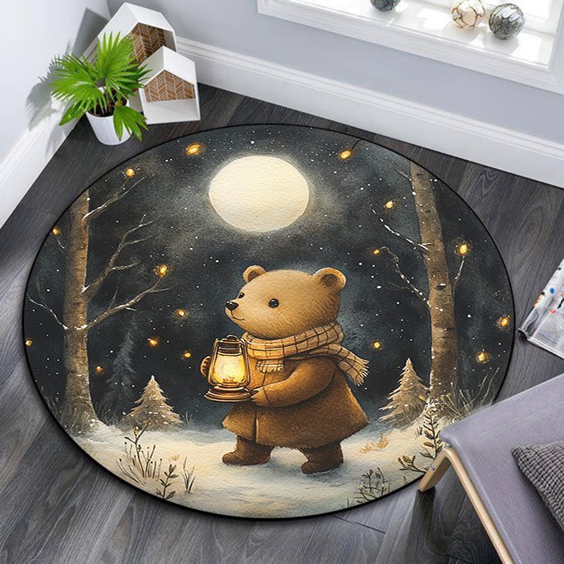 

Bear Lantern Forest Night Round Area Rug,Carpet Rug for Living Room Bedroom Sofa Playroom Decor,Non-slip Floor Mat 80cmx80cm