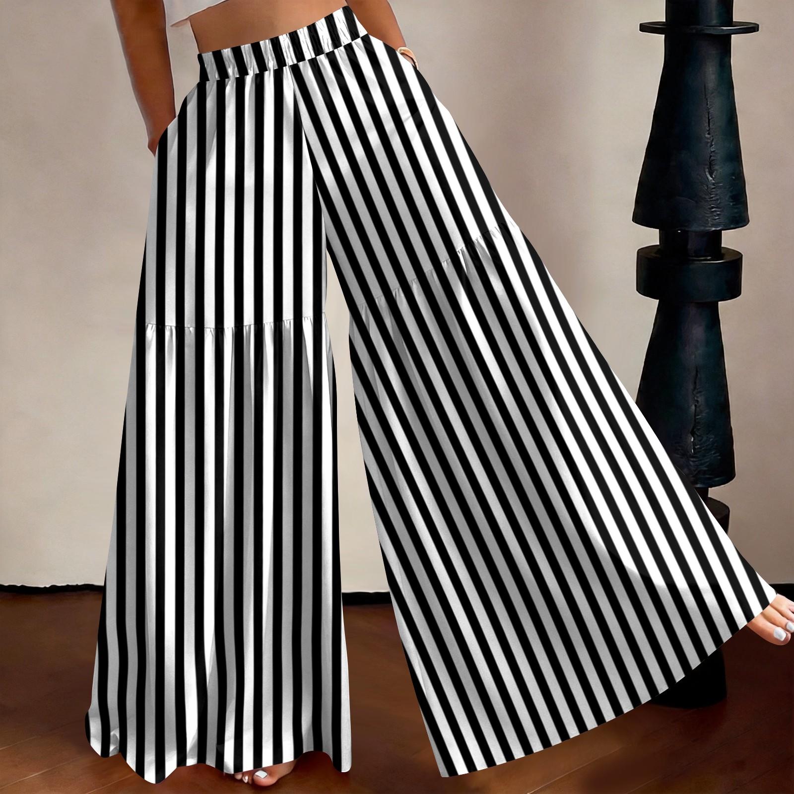 

Women s High Waist Wide Leg Pants Loose Fit Lightweight Breathable Striped Print Casual Trousers with Elastic Waistband for Everyday Wear XXL білий
