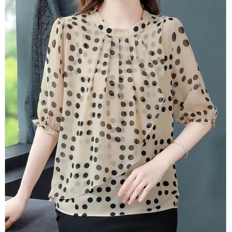 Letní Nová Dámská Šifonová Košile s Květinovým Potiskem Zeštíhlující Kulatý Výstřih Krátký Rukáv Spodní Top M-4XL