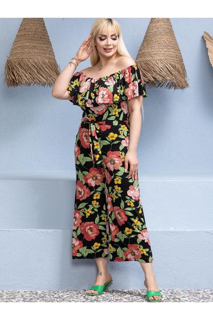 Women's Style Big Size Overalls Plus Size Gathered Madonna Collar Belted Flexible Viscose Jumpsuit
