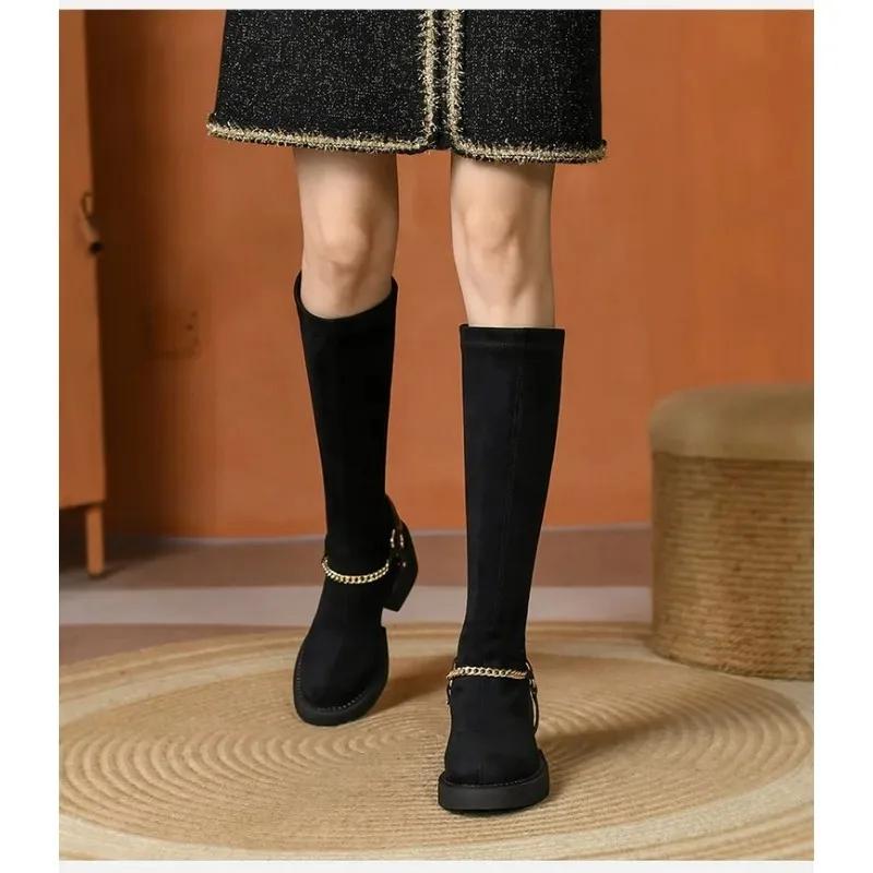Women's Square Heel Ankle Boots Autumn Winter Chain Black Fashion Long Knee-high Boots Women Shoes Outdoor Slip-on Women's Boots