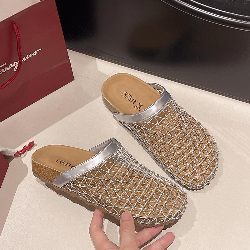 Mesh woven bag head half slippers women's summer wear 2025 new French skirt cool slippers Roman sandals women