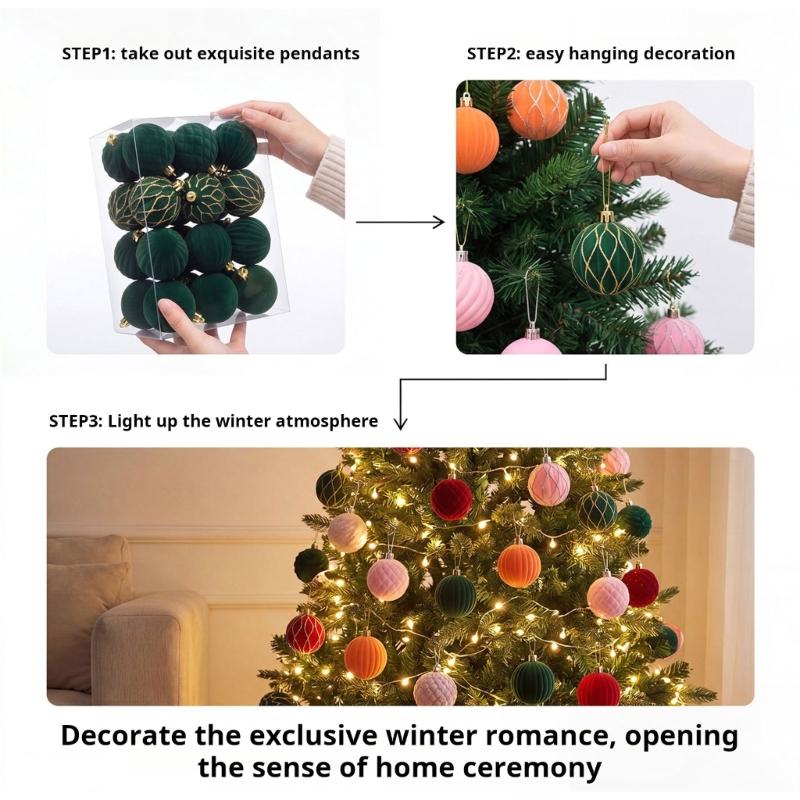 24Pcs Sparkling Velvety Christmas Ball Decorations Shatterproof Decorative Baubles Ornament for Christmas Tree Mantels