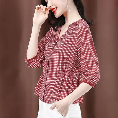 Summer Women's Shirt Three-quarter Sleeve Plaid Shirt Retro Top Casual Blouse