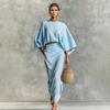 Summer 2 Piece Skirt Sets for Women Batwing Long Sleeve Top