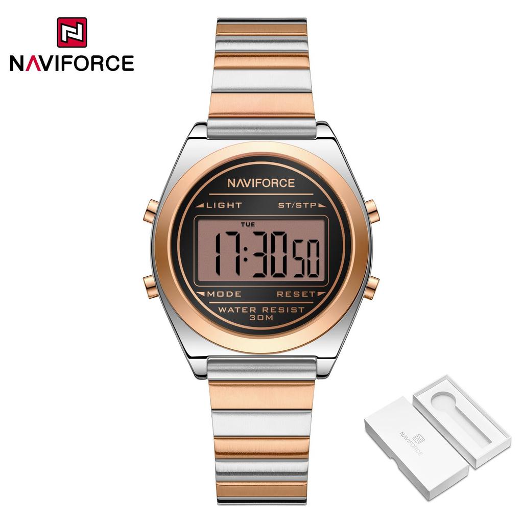 Naviforce Original Women Digital Watch Stainless Steel Strap Waterproof Calendar Chronograph Night Pattern Lady Girl Casual Fashion Watch NF5066