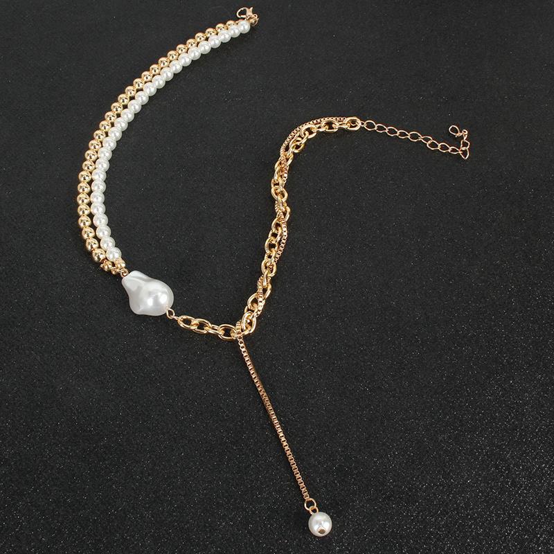 Vintage Gold Color Beads Long Tassel Pendant Necklace for Women Creative Imitation Pearl Double-Layer Clavicle Chain Zircon