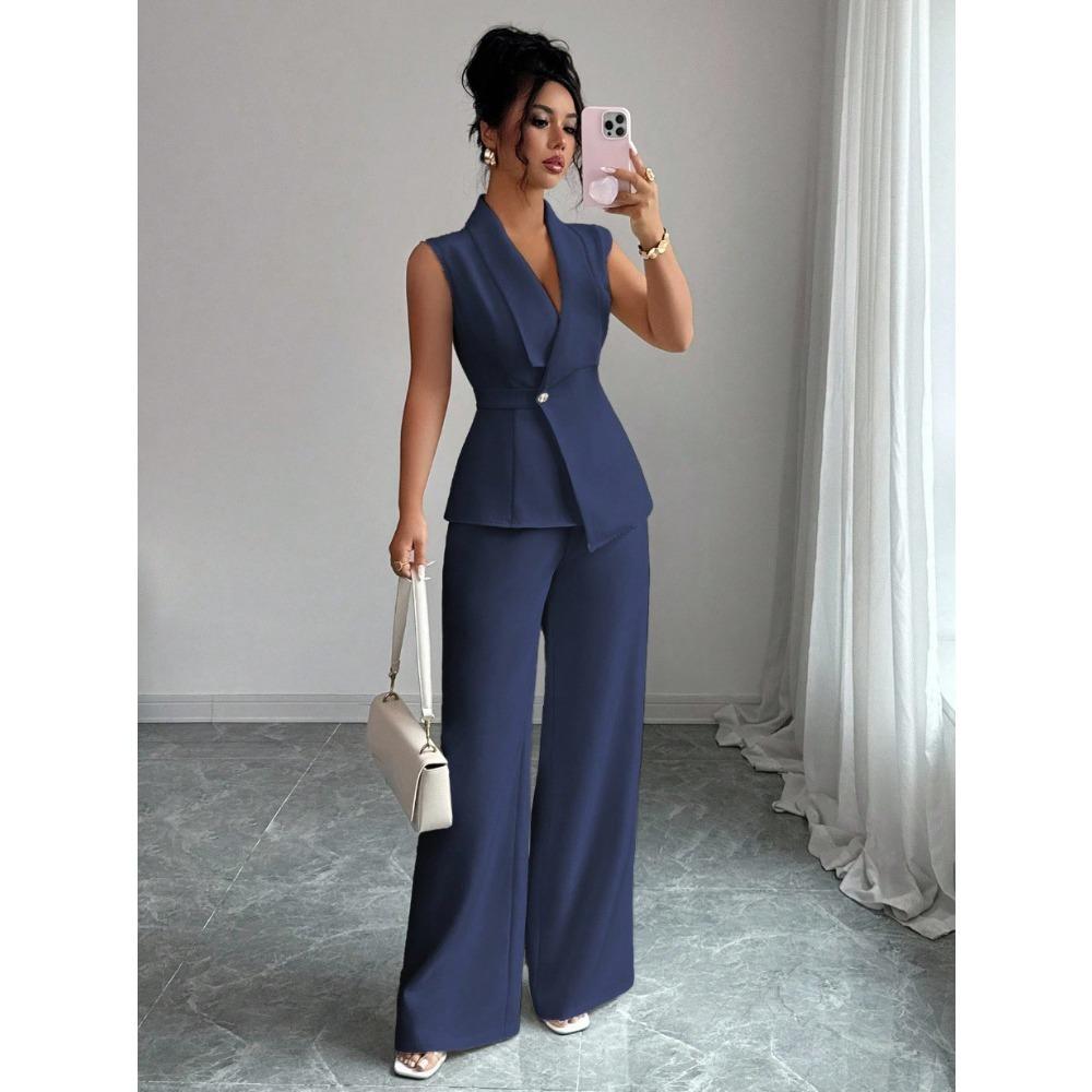 Women's Relaxed Fit Two Piece Pantsuit Sleeveless Blazer Top High Waist Wide Leg Trousers Solid Color Elegant Commuter Matching Outfit