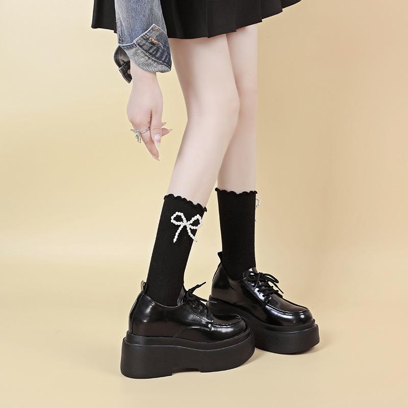 Heightened loafers women's spring 2025 new muffin platform super high heel small lace-up British small leather shoes