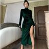 High Neck Long Sleeve Velvet Slim Fit Ruched Slit Dress for Women