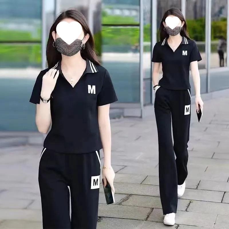 Casual Sportswear Set for Women - Summer Fashionable, Youthful, Short-sleeved, Straight-leg Pants That Slim The Figure and Hide Fat, A Two-piece Set.