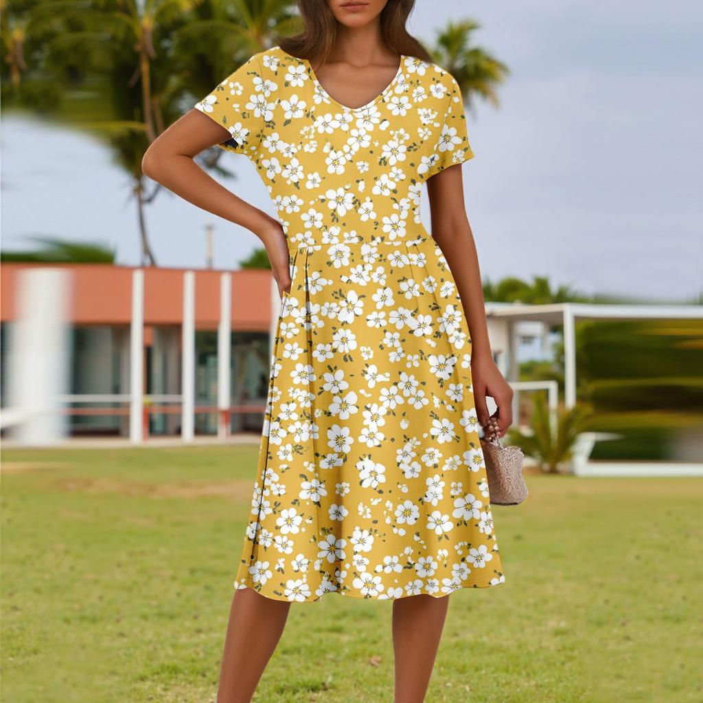 Ladies Summer Fashion Casual Floral Print V-Neck Short Sleeve Pocket Dress