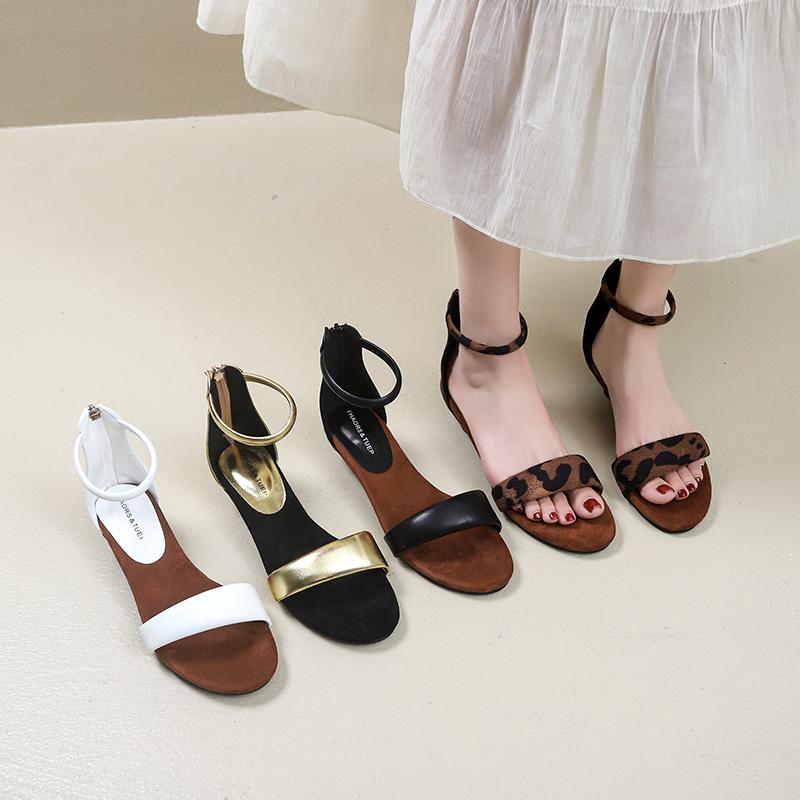 New Luxury French Elegant Kitten and Soft Sole Thick Middle Heel Round Toe Full Leather Fairy One-strap Sandals Genuine Leather