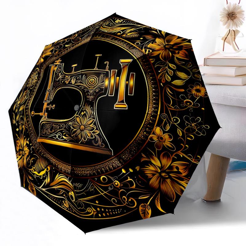 Vintage Sewing Machine Floral Art Automatic Umbrella Compact 8-Rib Design Lightweight All Season Travel Outdoor Accessory Perfect Gift for Women Men