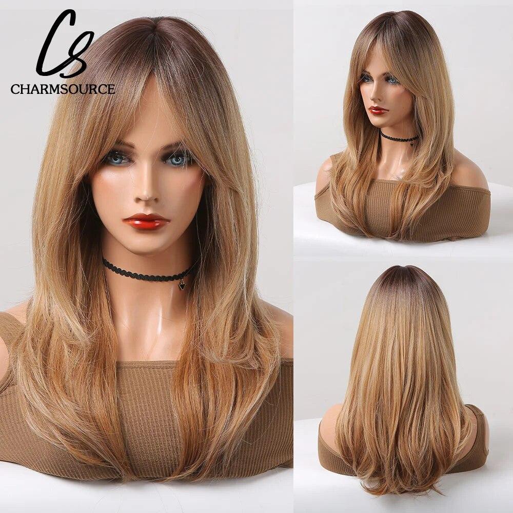 Short Straight Bob Synthetic Wigs with Bangs for Women Brown To Blonde Wig Cosplay Party Daily Heat Resistant Fiber Hair