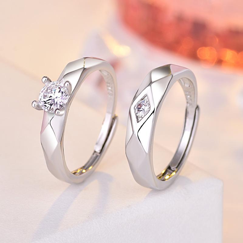 2PCS 925 Sterling Silver Ring Adjustable Open Couple Engagement Rings for Women Men Wedding Ring Party Fashion Jewelry Gift