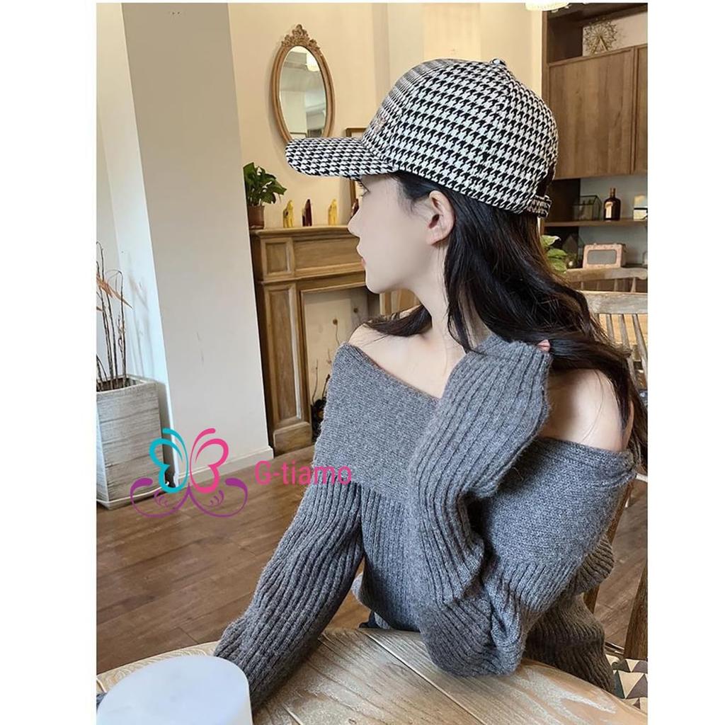 Checkered Cap for Adjustable Houndstooth Black and UV Sun Checkered Korean Style [G-tiamo] Women, One-Point Design, Strap, Pattern, Autumn/Winter,