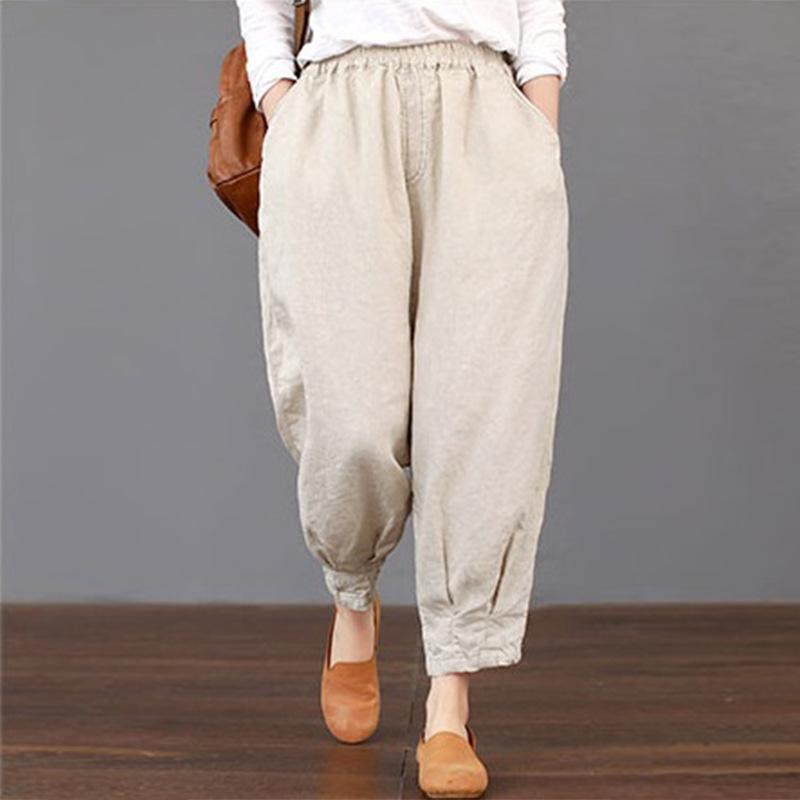 

Spring and summer new women s clothing casual solid color cotton and linen elastic waist versatile women s trousers look thin Harlan commuting 5XL абрикос світлого кольору
