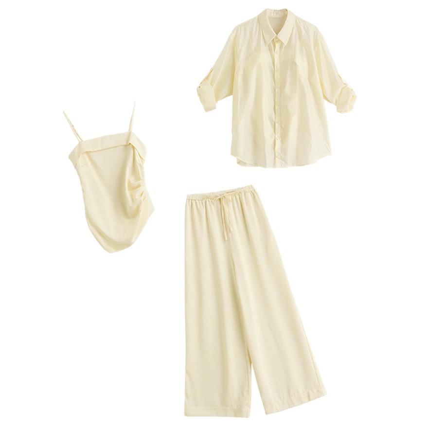Summer new simple fashion loose temperament Tencel three-piece suspender trousers sunscreen top set women