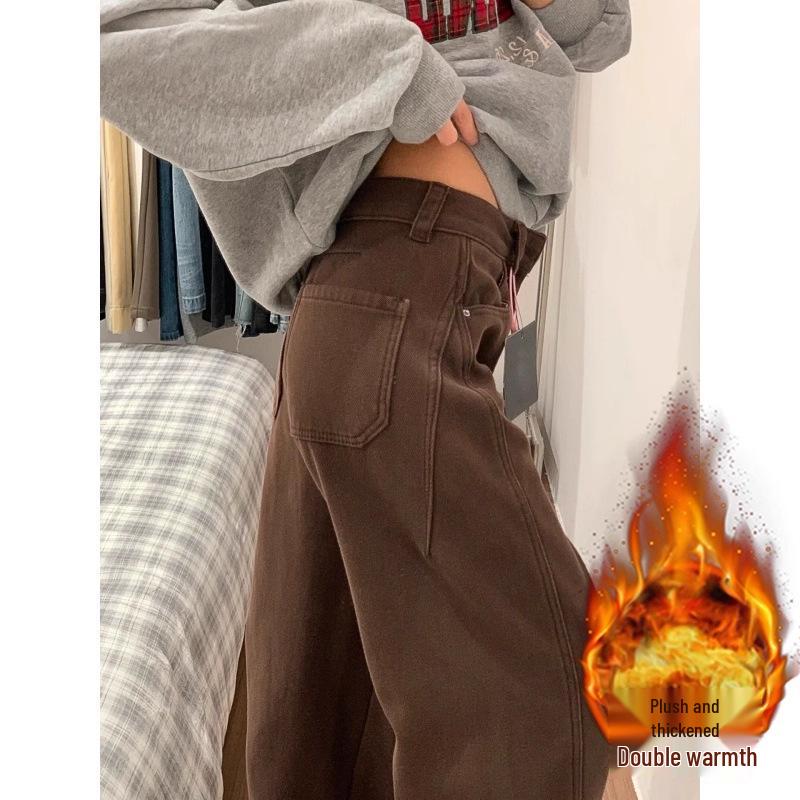 Women's Plus Size Brown Wide-Leg Jeans with Velvet Lining for Autumn/Winter - Loose, Straight-Leg, Slimming Fit for Pear Shape