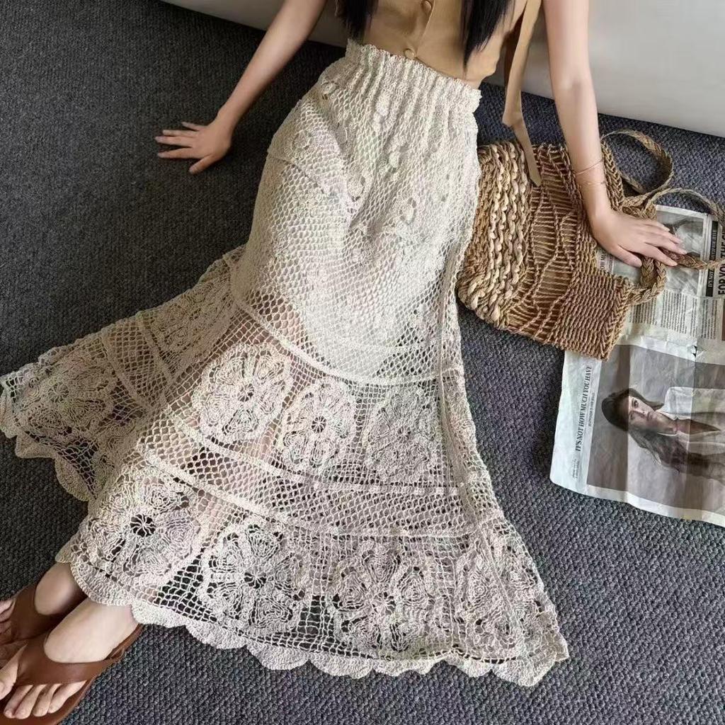 Bohemian Crochet High-Waist Hip-Hugging Midi Skirt for Women