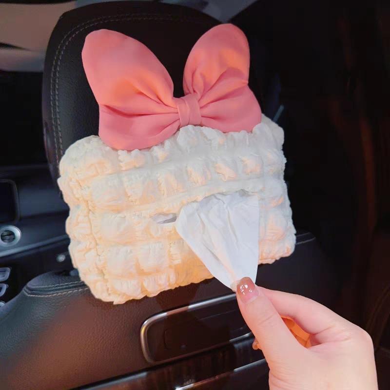 Cute Pink Bow Car Tissue Box Soft Puff Auto Seat Headrest Hanging Paper Tower Holder Organizer Bag Car Interior Accessories