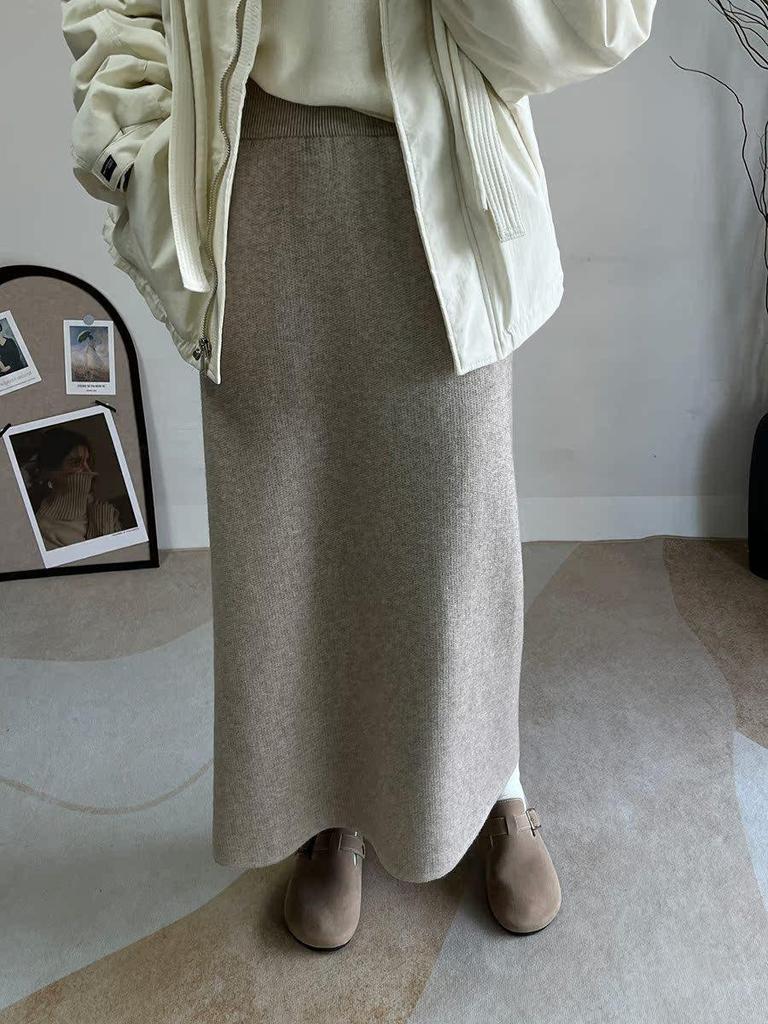 Women's Winter Velvet High Waist Knit Midi Skirt - Thick, Slit, Loose Fit, Bodycon