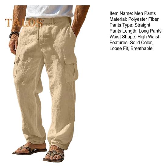 Men's Casual Straight Trousers Solid Color Streetwear Pants Loose Fit Beach Style Pants with Multiple Pockets for Fitness Travel Daily Wear