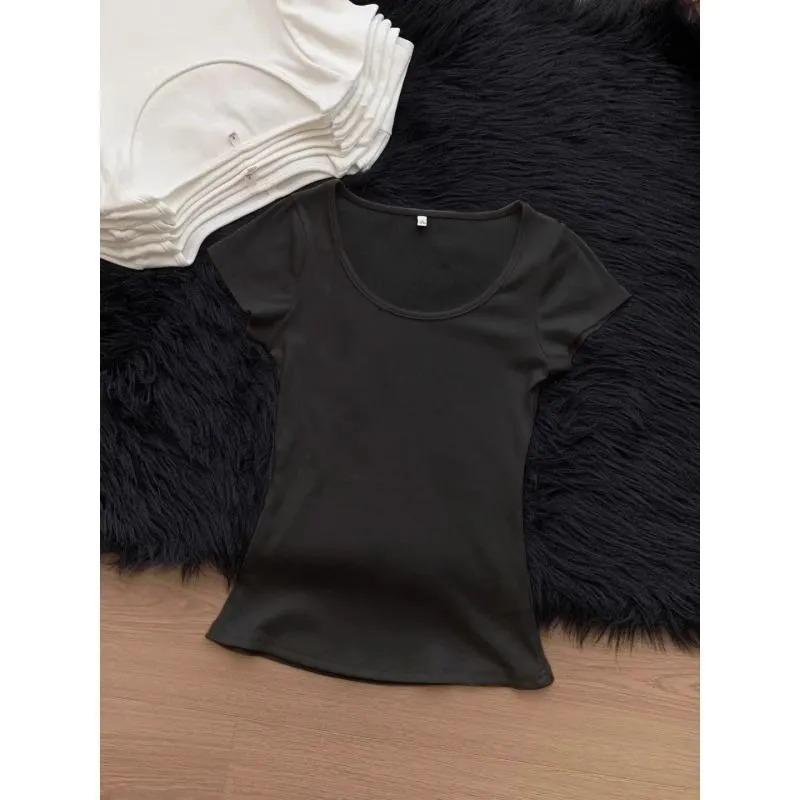 Women's Casual White Ribbed U Neck Short Sleeve Top