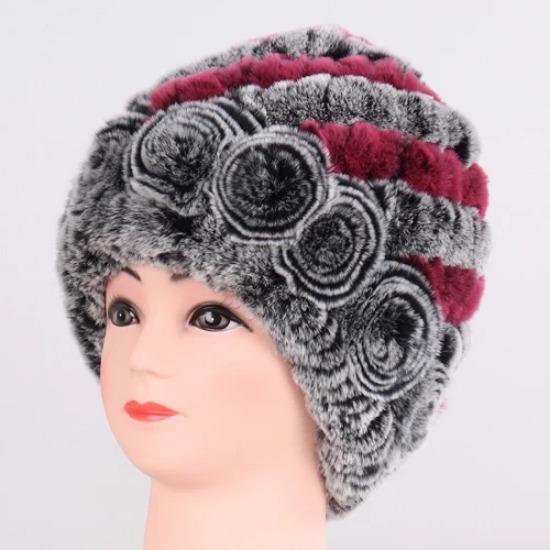 Hot Sale Winter Women Flower Striped Natural Real Fur Hats Lady Warm Knit Genuine Rex Rabbit Fur Caps Outdoor Fur Beanies Hats