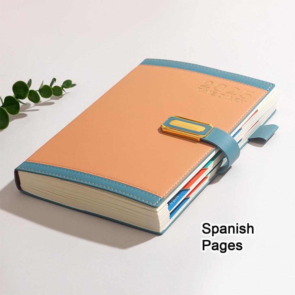 A5 Leder 2025 Geschäftsplaner Notizbuch, Englisch/Spanisch/Französische Seiten, Studenten Tagesplaner, Notizblock, Memo
