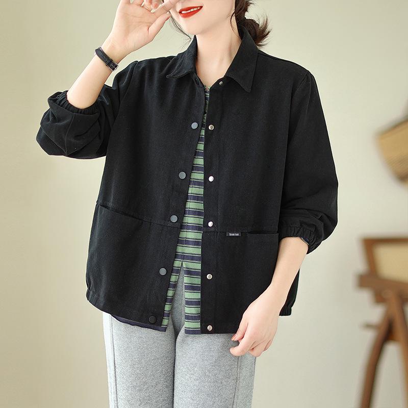 2023 Women's Korean Style Pure Cotton Casual Lapel Jacket - Long-Sleeved, Slim Fit, Solid Color for Autumn