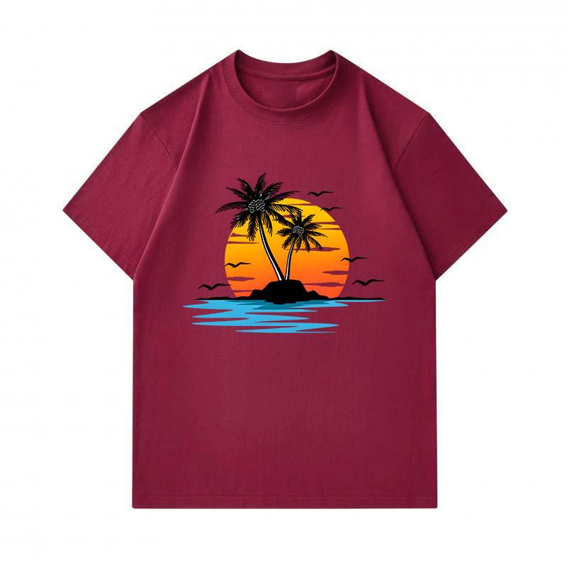 Men's 100% Cotton Crew Neck Short Sleeve T-Shirt, Casual Palm Tree Island Sunset Seagull Print Summer Beach Holiday Comfortable Loose Fit Tee for Dail