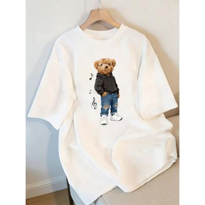 European Size Adorable Brown Teddy Bear In Black Hoodie Print Women's Short Sleeve T Shirt Crew Neck Comfortable Casual Tee Perfect for Daily Outings