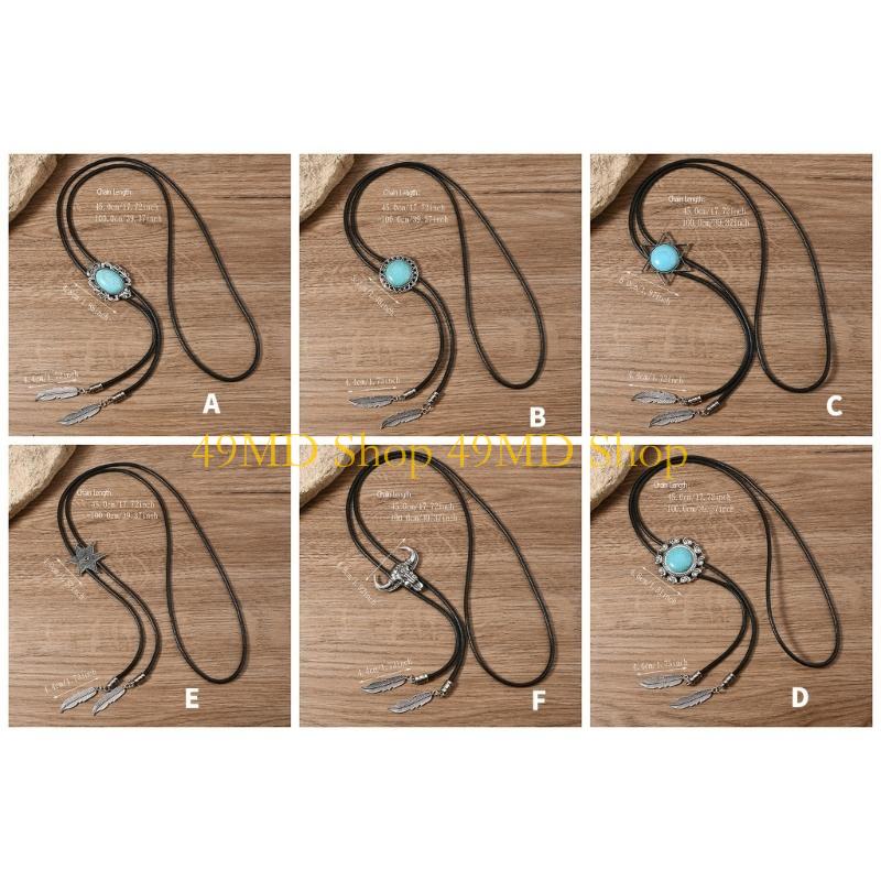 49MD Leather Rope Bolo Tie Vintage Turquoises Western Necklace with Pendant