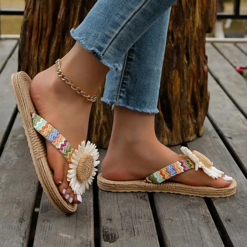 New Linen Flower Decor Flip Flops Fashion Women Slides Flat Heel Outdoor Beach Summer Woman Slippers Ladies Shoes