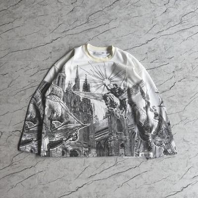 Unisex Streetwear Waffle Knit Long Sleeve Tee With Retro Print Loose Fit Casual Top