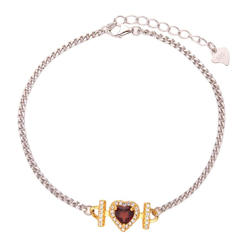 Heart-Shaped Natural Topaz Colored Garnet Inlaid S925 Sterling Silver Diamond-Inlaid Love Bracelet Women'S High-End Jewelry