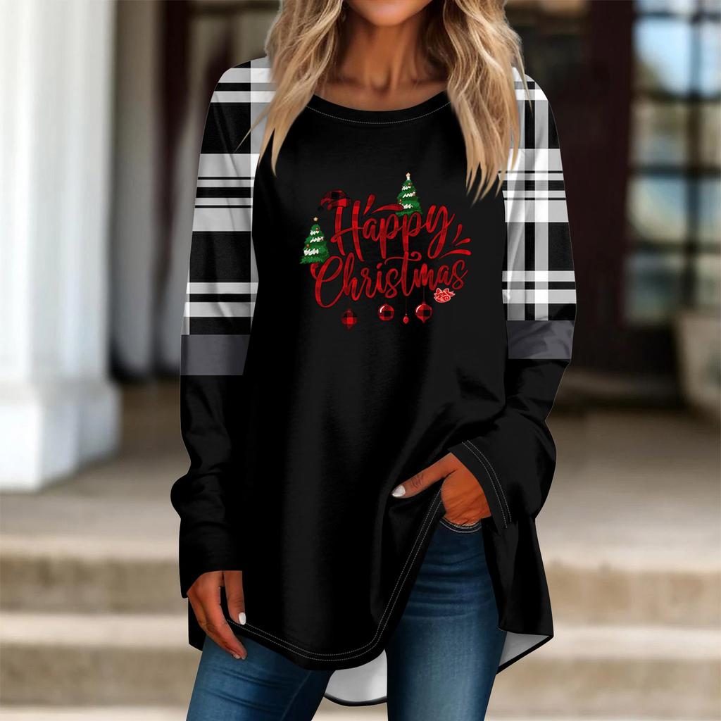 Fashionable Women's Loose Round Neck Christmas Small Print Long-sleeved T-shirt Top Pullover