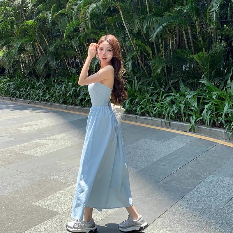 Beach Resort Camisole Dress for Women In Summer, Shoulder Length, Waist Up, Backless Skirt with Straps, A-line Skirt