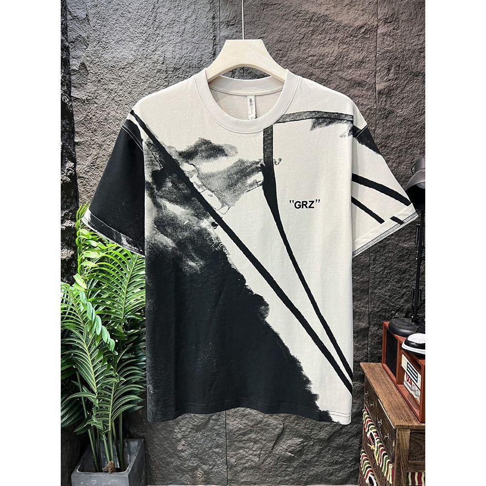 Футболка с коротким рукавом для мужчин на лето нишевый бренд американская свободная повседневная тяжелая рукав пять точек модная L бежевый 1980₽