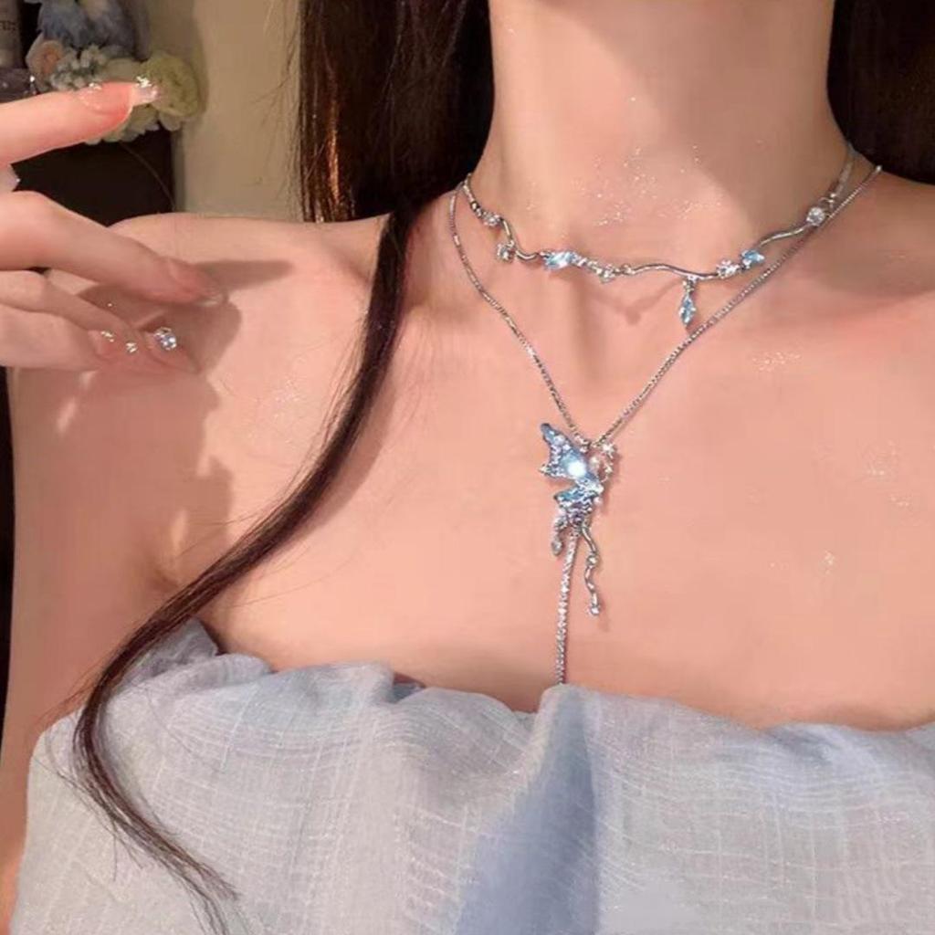 Exquisite Blue Crystal Butterfly Double-Layer Necklace for Women - 2025 High-End Design