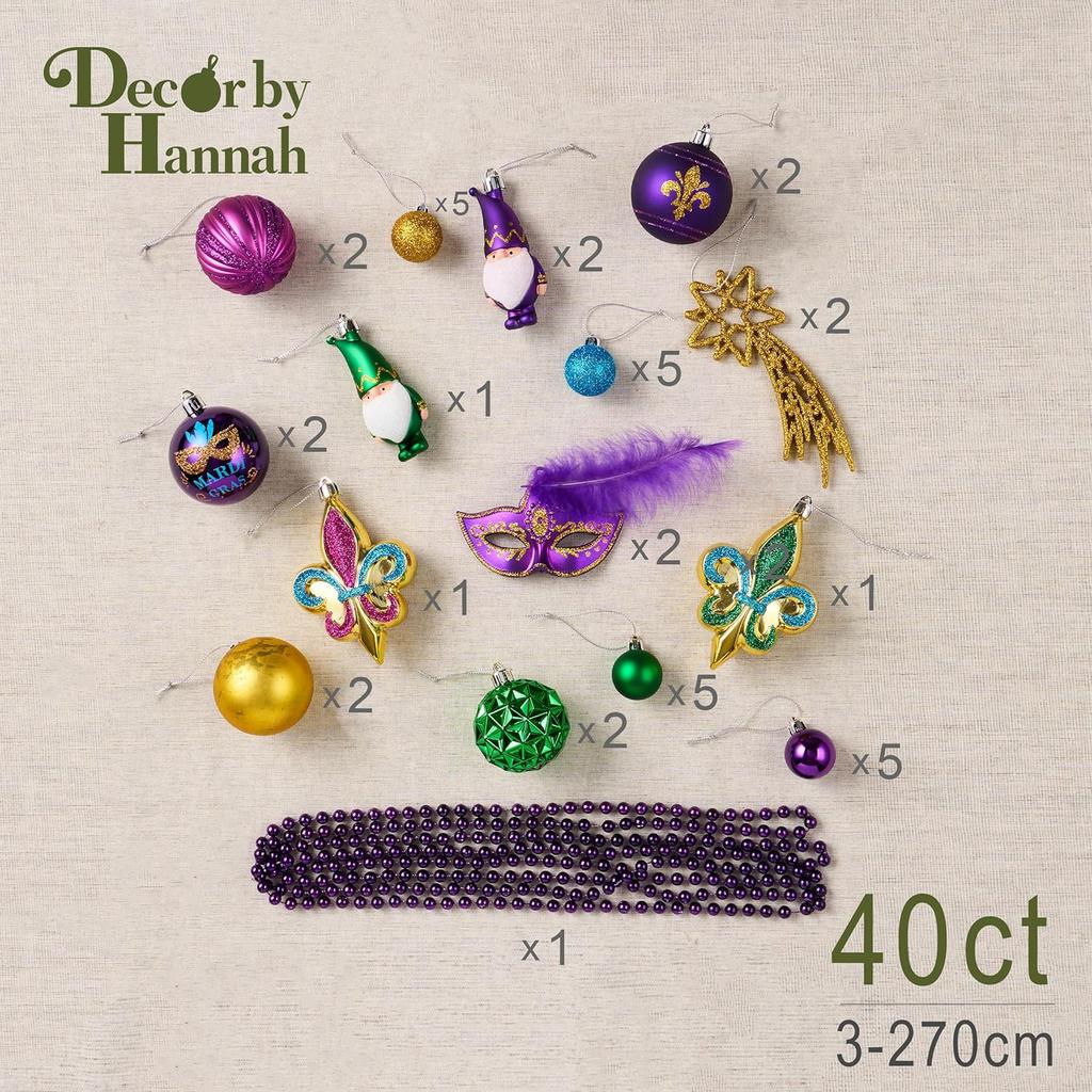 DecorbyHannah 40ct Mardi Gras Ornaments Decorations, Purple Green Gold Ornaments Set with Carnival Masks and Mardi Gras Beads, Shatterproof Ornaments
