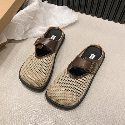Mode Herbst Neue Baotou Hausschuhe Damenmode Rundkopf Mesh-Stoff Atmungsaktive weiche Sohle Rutschfeste flache Schuhe
