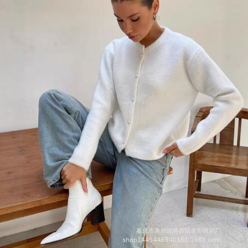 Russia hot spring and autumn imitation mink white knitted cardigan women's lazy wind winter loose sweater jacket