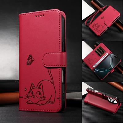 Magnetic Leather Wallet Case for iPhone 16e 16 15 14 13 12 11 Plus Pro X XS Max | Cat & Butterfly Embossed Design | Premium Case