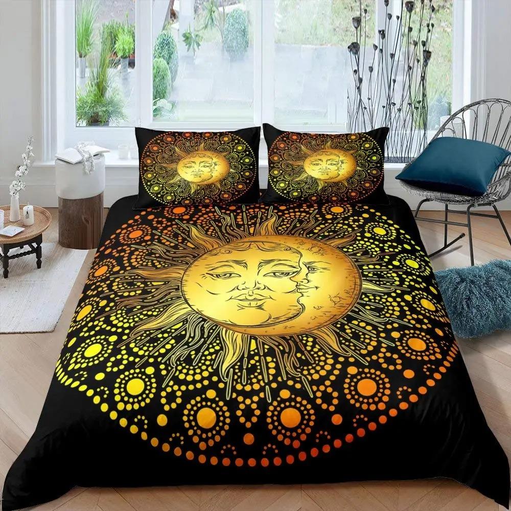 Duvet Cover Set Golden Sun and Moon Boho Mysterious Color Home Decor Bedding Set Adults Gifts with Zipper Decorative Quilt Cover