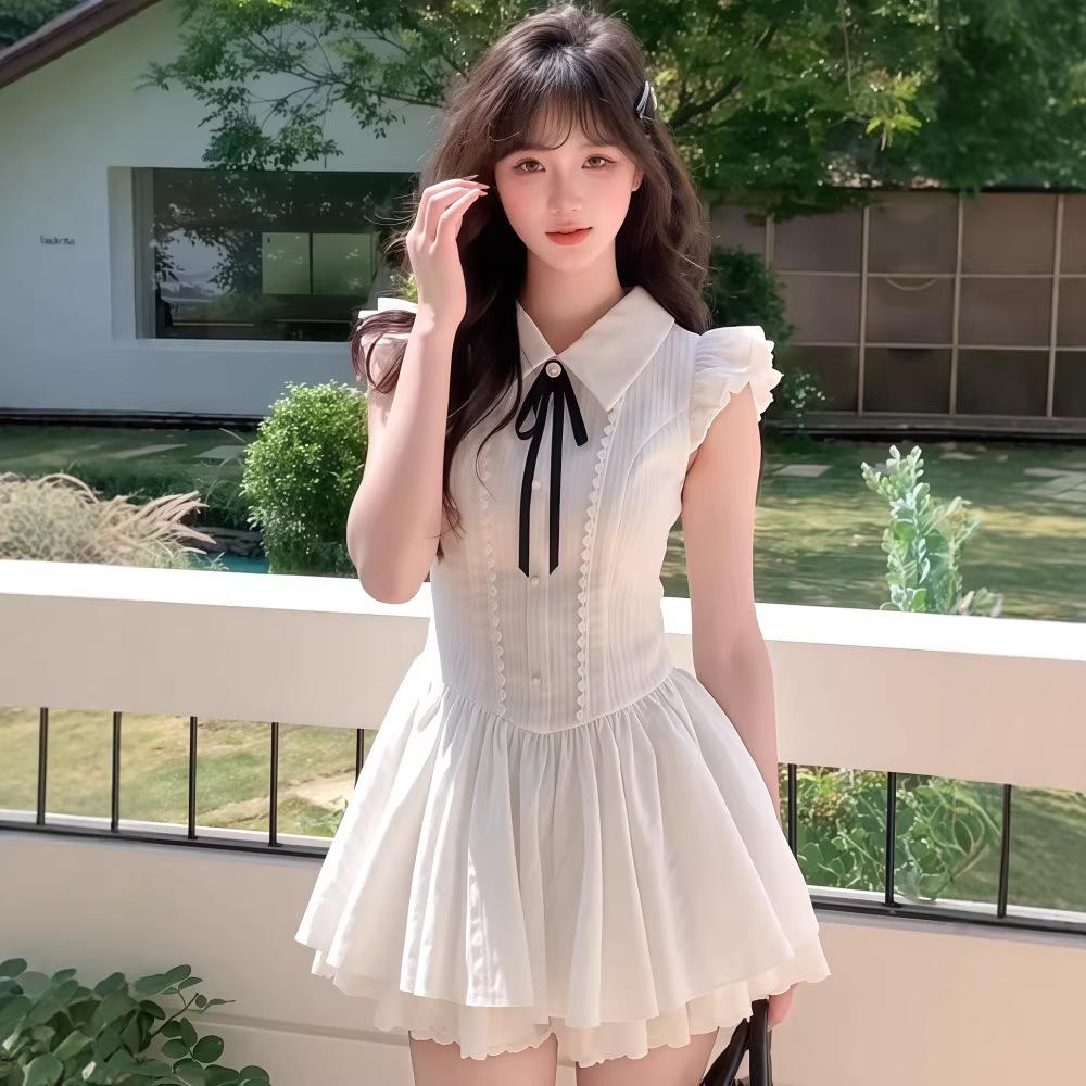 Sense bow lace-up niche non-collision dress women's gentle wind lace splicing slim skirt